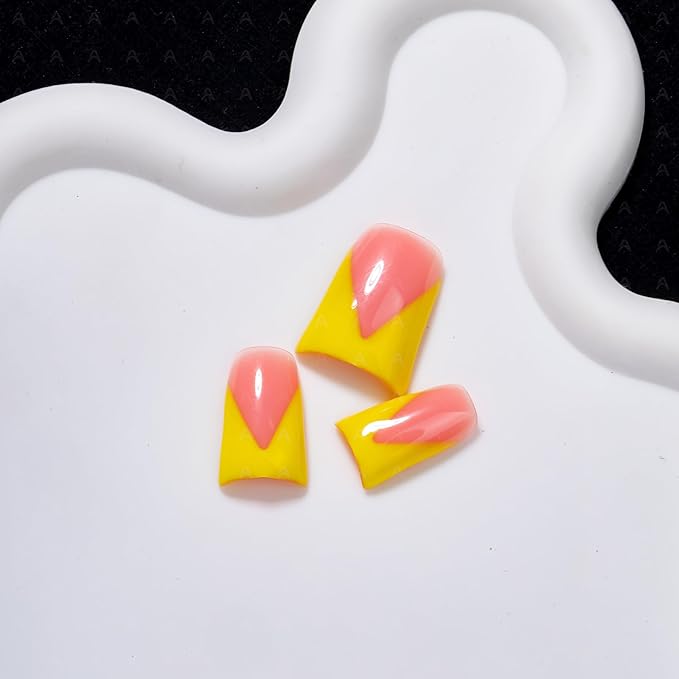 10 Pieces Luxury Y2K Acrylic Press On Nails Short Handmade Duck Nails, Yellow Thickened French False Nails With Bling Rhinestones, Reusable Fake Nails, Acrylic Nails (M)