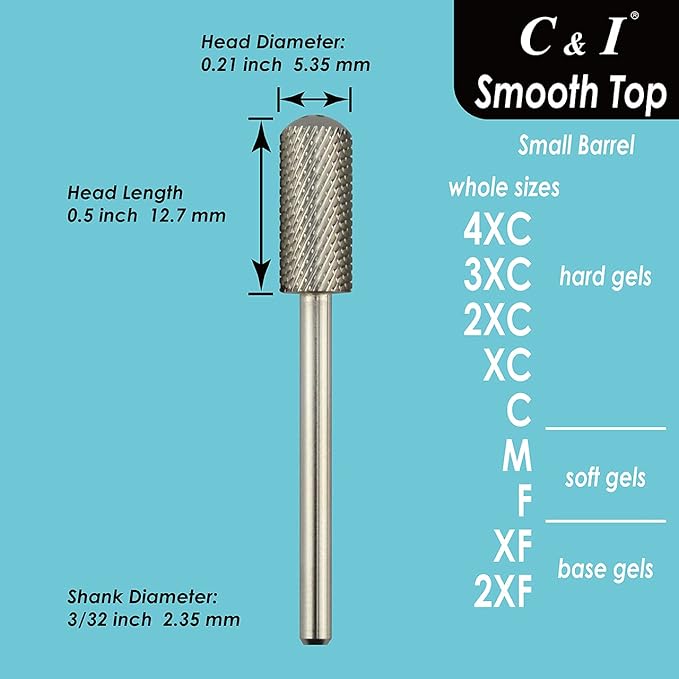 C & I Small Barrel Smooth Top Nail Drill Bit, Safety Round Top, Professional Electric File for Manicure Drill Machine, Remove Nail Gels, Acrylics, 3/32” (Extra Fine – XF)