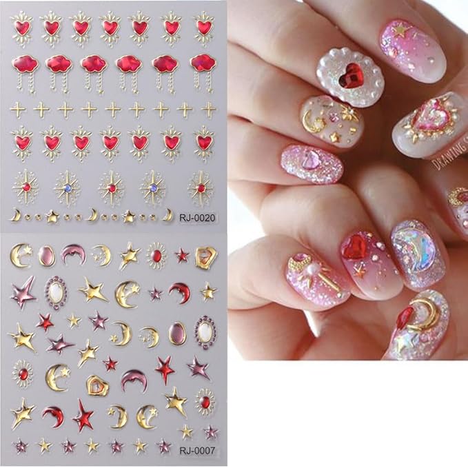 6Sheets 5D Embossed Stickers, Crystal Soft Glue Irregular Gems, Geometric Frame Art Stickers, Jelly Rhinestones Heart Star Decals, Moon Sun Cloud Nail Designs