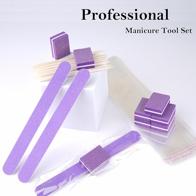 Disposable Manicure Kit - 50pc Mini Nail Buffer, Nail File, Wood Stick, OPP Bag, Press On Nail Tool Kit for Salon Home (Purple)