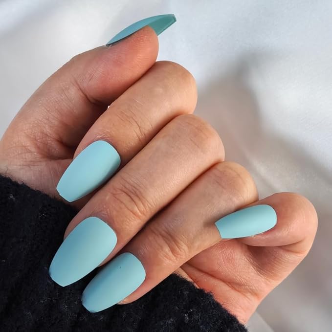 Matte Light Blue Press on Nails, Stiletto Almond Fake Nails, 24Pcs Reusable Artificial Nails for Women