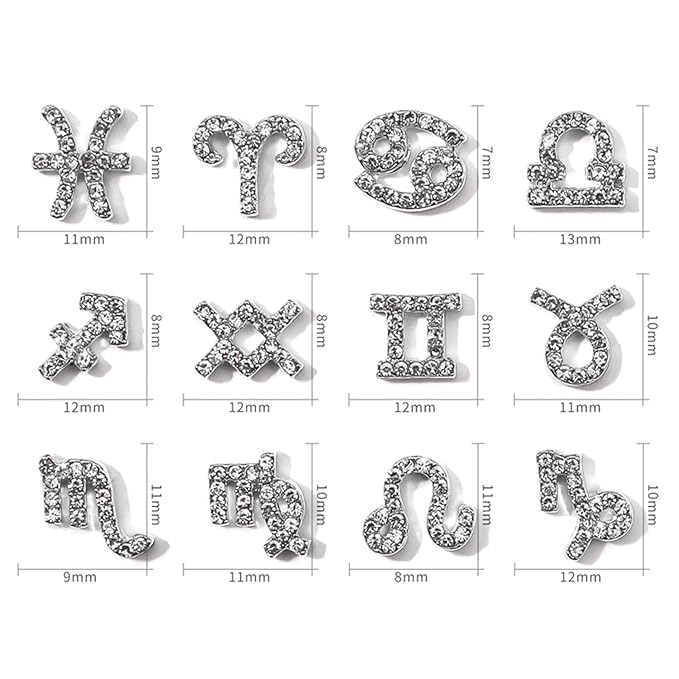 24 Pieces Silver Alloy Zodiac Nail Charms Zodiac Signs Nail Studs Twelve Constellation Nail Charms Inlaid Clear Rhinestone for Women Girls Nail Art Decoration
