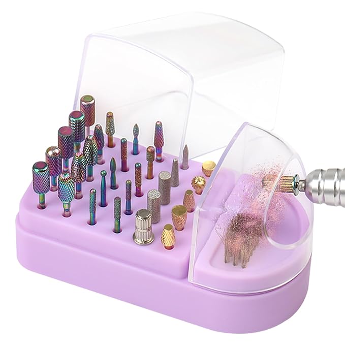 Nail Drill Bits Holder 2 in 1 Nail Drill Bits Cleaning Brush Case, 30 Holes Dustproof Acrylic Nail Drill Holder Storage Box, Nail Drill Bit Holder Stand Displayer Organizer for Home Salon Use (Purple)