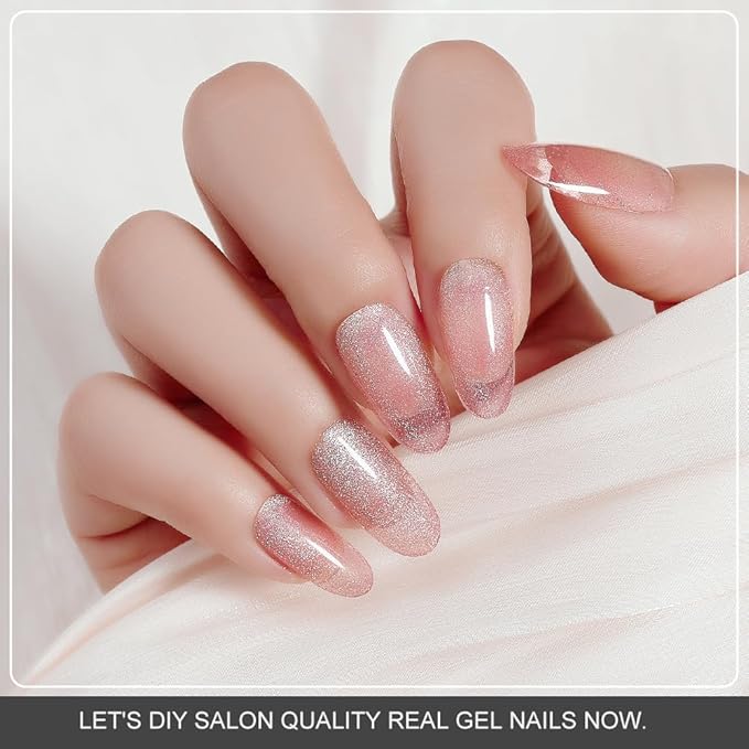 Arte Clavo Semi Cured Gel Nail Strips, 20 Pcs Gel Nail Stickers with UV Light Required, Salon Quality, Long Lasting, Easy Apply and Remove (Nude Glitter Cat Eye)
