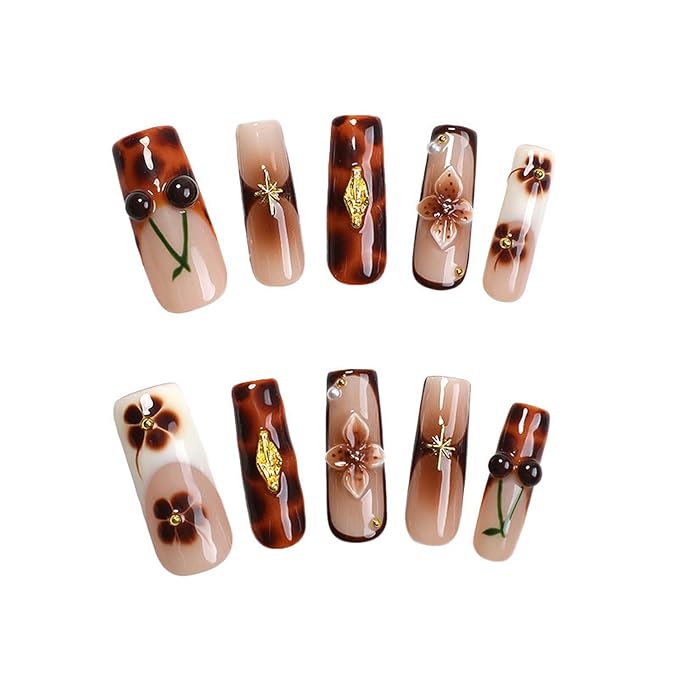 Brown French Tip Press on Nails Long Coffin Fake Nails Handmade Press on Nails 3D Luxury Flower and Cherry Embossed Designs Muti-Layer Gel Thick False Nails Glossy Acrylic Nails for Women (Size M)