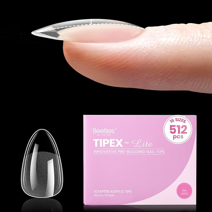 Beetles Tipex Lite Apex Nail Tips, Almond Short, 512pcs 16 Sizes,Pre-Building Pre-Etched Acrylic Nail Tips for Flat Nails & Natural Nail Beds