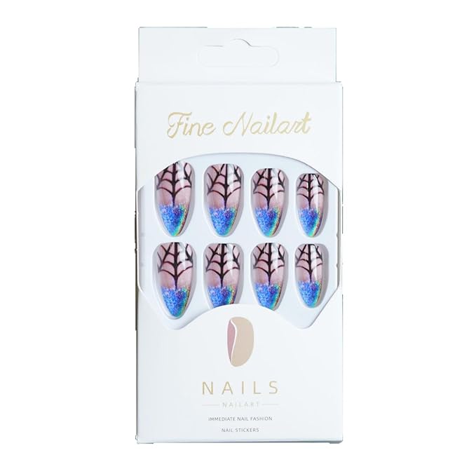 24 Pcs Halloween Gradient Press on Nails, Almond Fake Nails with Spider Web Design, Glossy Acrylic Nails, Full Cover Reusable Stick on Nails for Women Girls Nail Supplies