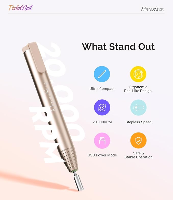 MelodySusie PocketNail Slim Ergonomic Pen-Shaped USB Nail Drill, PC100G 20000RPM Portable Electric File for All Manicure, Pedicure Nail Care, Shaping & Gel Removal at Home for Beginners