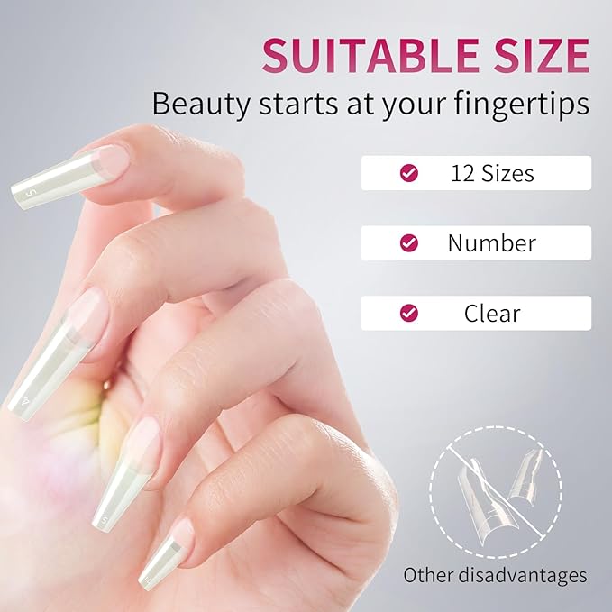 krofaue Natural Acrylic Nail Tips Square - 600PCS Half Cover Coffin False Nails 12 Size with Box for Salon and Home DIY