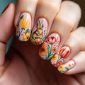 Easter Press on Nails Square - Medium Fake Nails with Buuny Design - Spring, Colorful Flower False Nails - for Women 24 Pcs