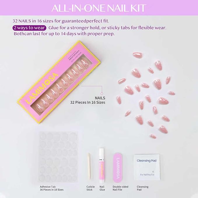 LAMIMOSA 32Pcs Baby Pink Polka Dots Press On Nails Short Almond - Soft Gel Fake Nails in 16 Sizes, Chrome Glazed Glue on Nails Kit, PINK POLKA DOTS