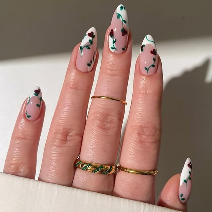 Almond Press on Nails French Tip Fake Nails with Heart Leaf False Nails Glossy Valentine's Day Glue on Nails Medium Spring Acrylic Artificial Stick on Nail for Women Girls 24Pcs