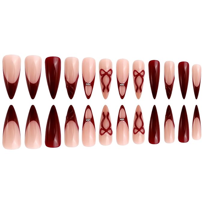 Christmas Press on Nails Long Stiletto MABKJLF Red French Tip Fake Nails 3D False Nails with Bow Ball Designs Glossy Glue on Nail Winter Full Cover Acrylic Nails for Women Girls 24Pcs