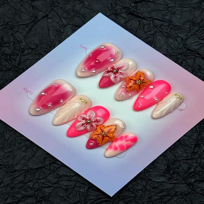 100% Handmade Press on Nails Medium Almond Handmade Nails with Flower Starfish Charm Design Ombre Rose Pink Fake Nails Glossy Pearl Nail Press ons Reusable Spring Summer Nails for Women Size M 10Pcs