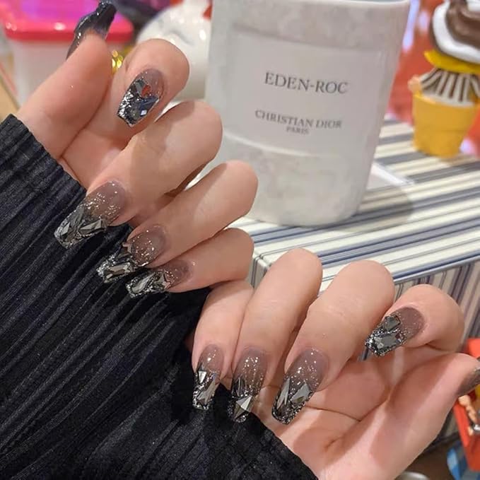 Press-On Nails, Mid-Length Midnight Black False Nails with Silver Diamonds for Fashionable Personalized Temperamental and Girls and Women Fake Nails 24pcs (with Free ToolKit)