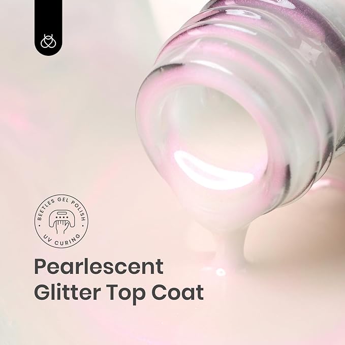 beetles Gel Polish 2 In 1 Pearlescent Glitter Gel Top Coat Pearl Nail Polish Glossy Shiny No Wipe Top Coat Soak Off UV Led Long Lasting Highly Shine Manicure Gifts for Women