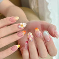 Nude French Press on Fake Nails Medium Short Oval with 3D Flower Design, False Summer Nail Reusable Press ons Artificial Manicure for Women Girls, Perfect Fit Stick on Nail Glossy Finish, 24Pcs