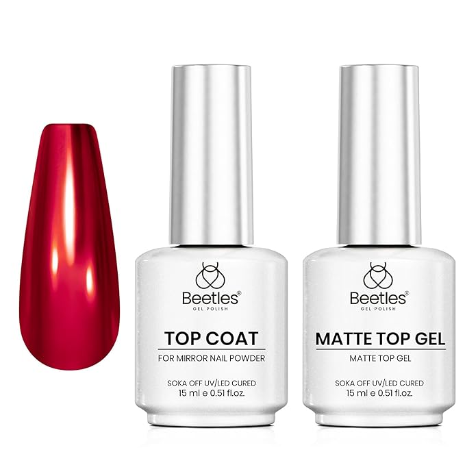 Beetles Gel Top Coat for Chrome Nail Powder, 15ml Chrome Top Coat,15ml Matte Top Coat with Red Green Mirror Chrome Powder Shiny Gloss No Wipe Long Lasting Soak Off Nail Lamp for Nails Art