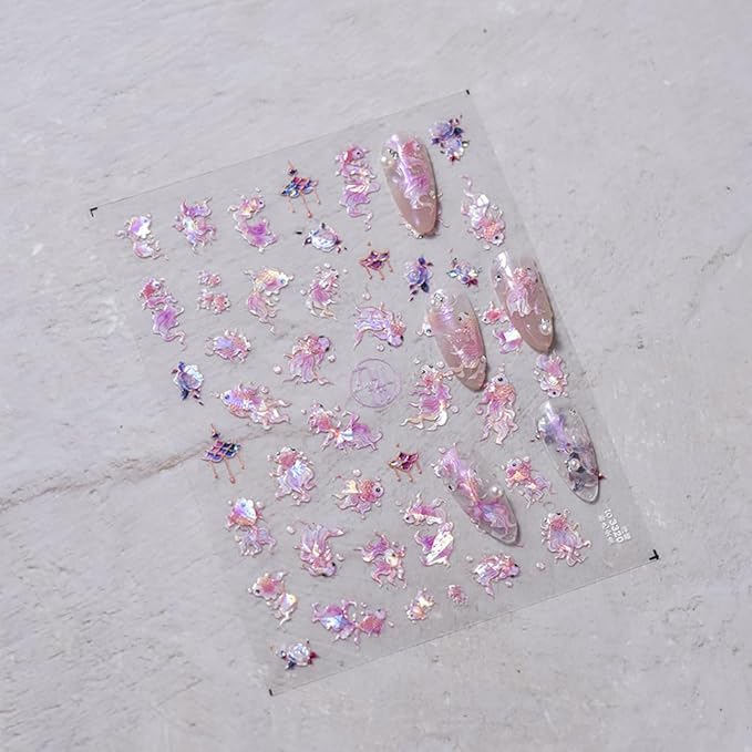 3Sheets Lucky Fish Nail Stickers Gold Pink Laser Chinese Character koi Acrylic Nail Decals for Chinese New Year Tattoo Design Supplies (Fish)