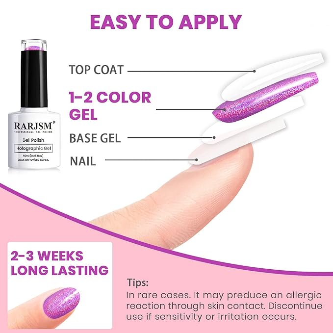 RARJSM Holographic Gel Nail Polish Set Summer Colors Glitter Gel Polishes Kit Rose Gold Hot Pink Red Violet Bright Purple 6PCS 7.5ML Curing Required Unicorn Mirror Laser Effect for Salon Home Manicure