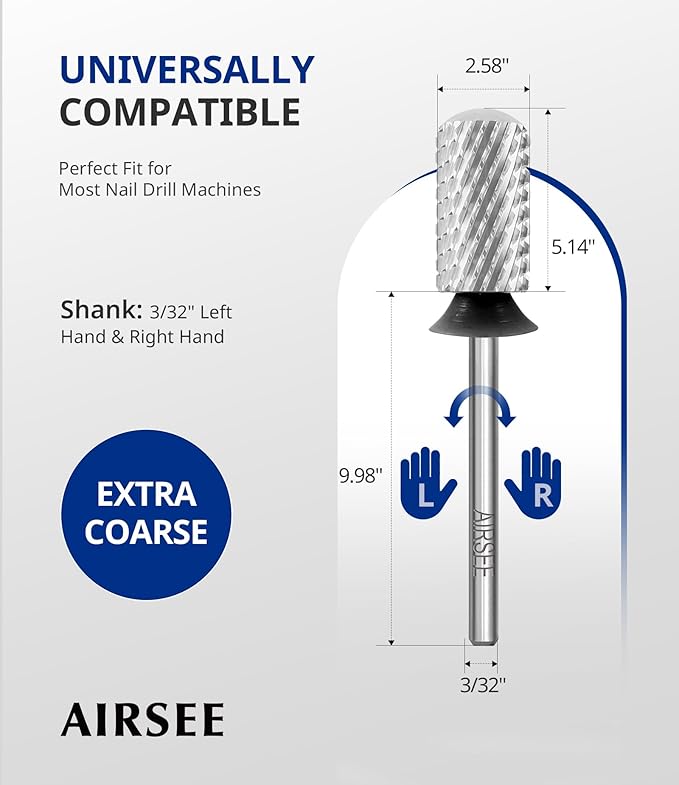 AIRSEE Tungsten Carbide Acrylic Nail Drill Bit Efile Electric File Machine Head Tip for Manicure Polishing Art Remove Gel 3/32" 2 Way Beginner Safety Round Top Cylinder Barrel Extra Coarse-XC
