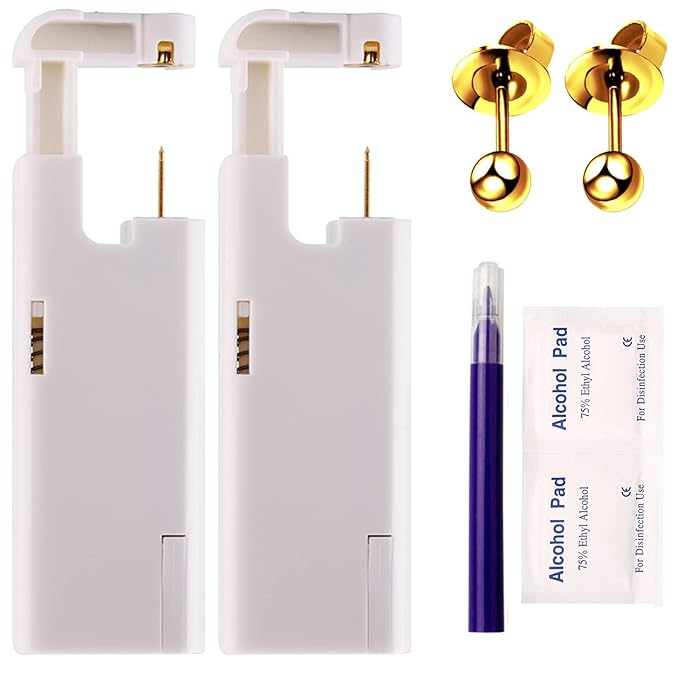 KAIQIKAIXI 18Pcs Ear Piercing Kit Automatic And Painless Ear Nail Gun Disposable Aseptic Household Ear Piercing Gun Portable Ear Piercing Gun Group Ear Piercing Tools (3mm, Golden)