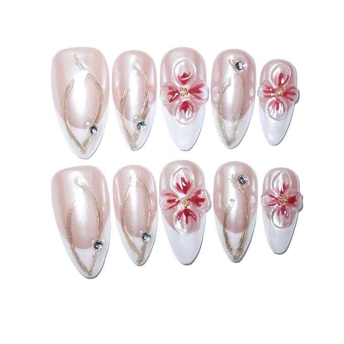 10 Medium Almond Handmade Press On Nails |Pearl Nude Pink French Tip Fake Nails with 3D Red Floral, Gold Line Art & Rhinestone Accents | Easy Apply & Remove, Reusable Salon Quality (5U07, M)