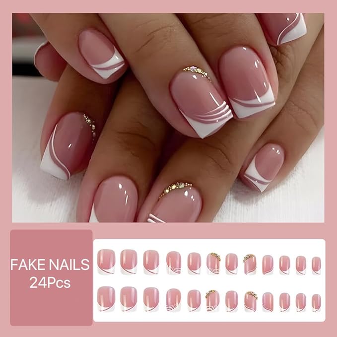 White French Tip Press on Nails - Short Square Fake Nails - Pink False Nails with Rhinestone Stick on - for Women 24 Pcs