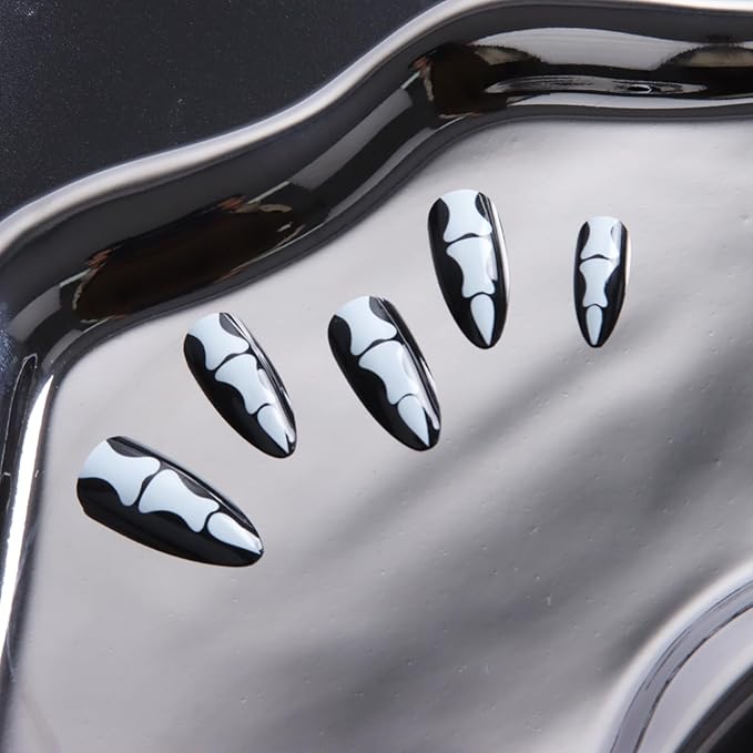 24pcs Halloween Skeleton Bone Medium Almond Press On Nails, Reusable Nail Kit with Adhesive Tabs, 10 Sizes (White)