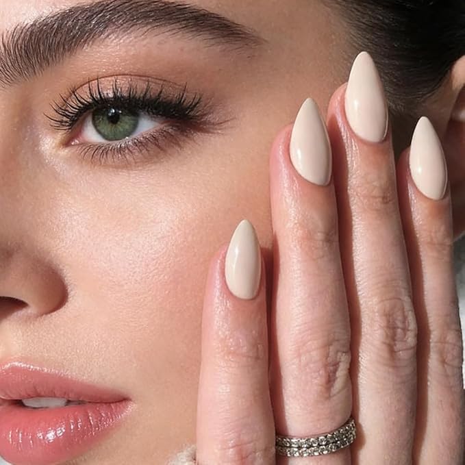 Press on Nails Short Almond Fake Nails Nude Pink False Nails Acrylic Glossy Full Cover Glue on Nails Press ons Cute Artificial Stick on Nails for Women Manicure 24 Pcs