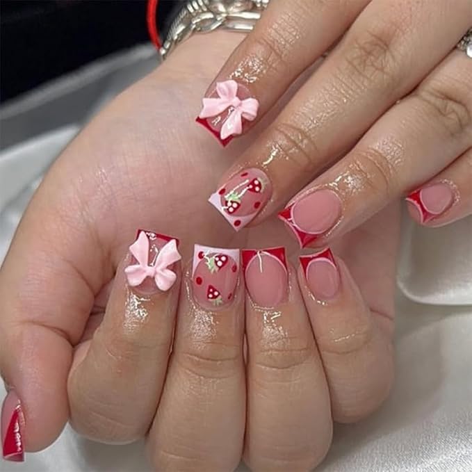 Press on Nails Short - Square Fake Nails with Strawberry Design - Red French Tip False Nails Press ons - for Women 24 Pcs
