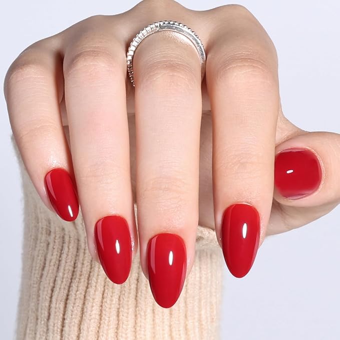 Red Press On Nails Almond - Red Milk Short Fake Nails, Almond Press On Nails Reusable Stick On Nails in 16 Sizes, 32pcs False Nail Kit for Women & Girls