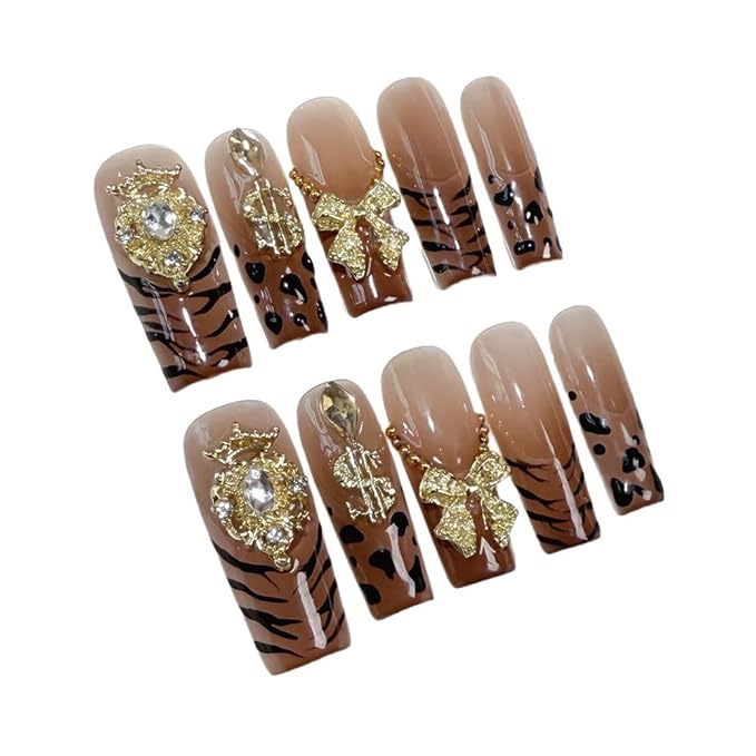 Handmade Press on Nails French Tip Leopard Fake Nails with 3D Bow and Gold Crown Designs False Nails Fall Glossy Acrylic Nails for Women DIY (Size M）