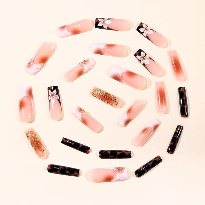 Long Square Press on Nails Fake Nails Artificial Nail Elegant Nude Base with Brown Leopard Print, Pearl, Gold Line & Flower Nail Art Design Stick on Nail for Women