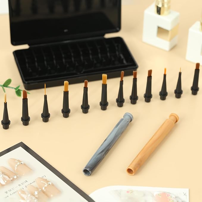 12Pcs Nail Art Brush Set,Professional Nail Art Brush Set with Push-Button Quick-Change,Nail Brushes for Acrylic,Gel,French Tips & Designs,Ergonomic Portable Kit with Storage Case(Wood Grain)