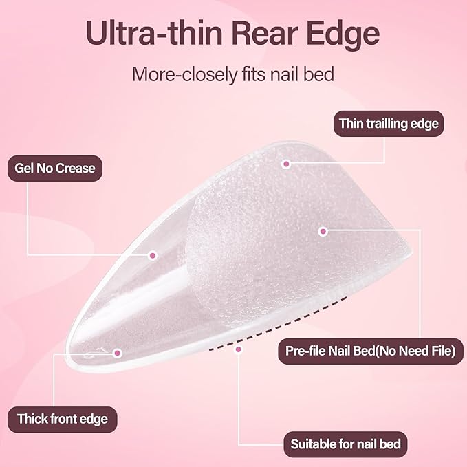 Misssix Medium Almond Gel Nail Tips, 216Pcs Pre Etched Clear Fake Nails, Full Cover Soft Acrylic False Nail Glue and Nail Glue Remover for Women 12 Sizes