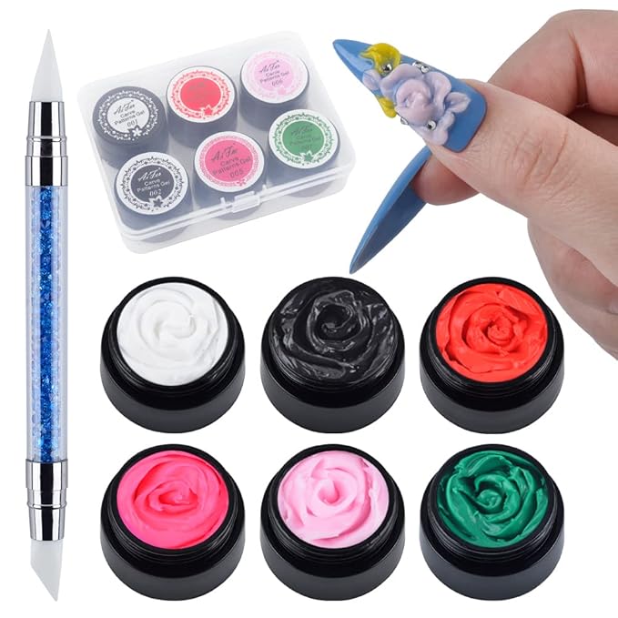 6 Color Carving Gels 3D Sculpture Gel for Nail Art Decoration Kit Creative DIY Nail Art Painting Carved Soak Off Polish Flowers Design Modeling Tool
