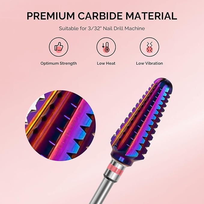 MelodySusie Professional Tornado Nail Drill Bits, 3/32'' Carbide Tungsten Multi-function Bits, Suitable for Manicure Pedicure Cuticle Gel Polishing, Salon Bits, Purple, Series Bit-X, 3XC