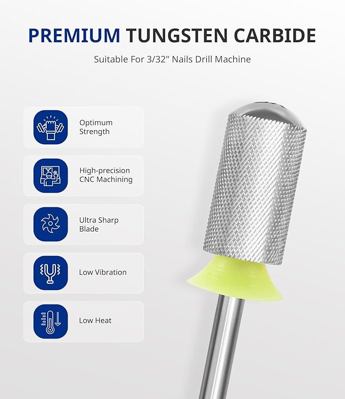 AIRSEE Tungsten Carbide Acrylic Nail Drill Bit Efile Electric File Machine Head Tip for Manicure Polishing Art Remove Gel 3/32" 2 Way Beginner Safety Round Top Cylinder Barrel Extra Fine-XF