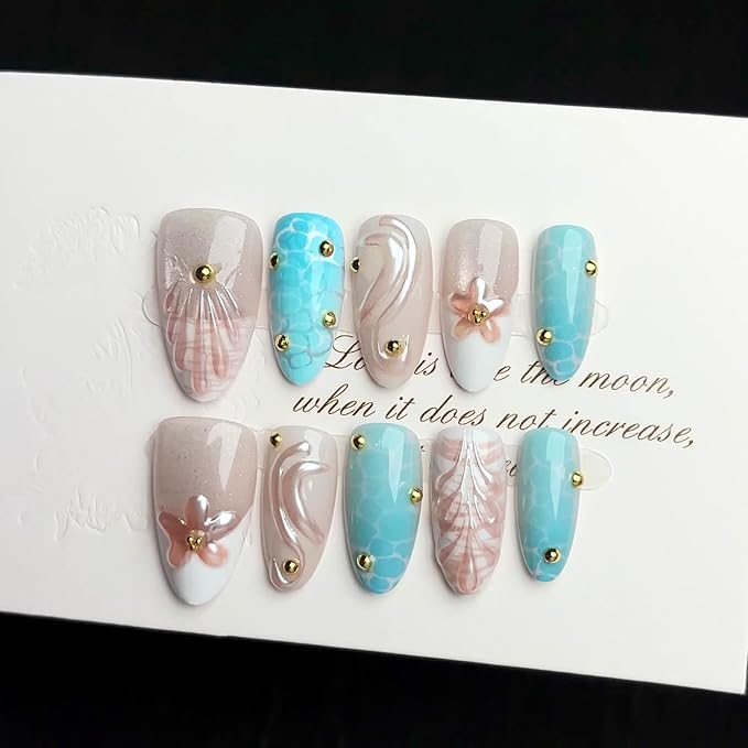 30Pcs Handmade Press on Nails Medium Almond Fake Nails 3D Gold Beads Stick on Nail French Tip Ocean False Nails with Shell Water Ripples Designs Reusable Full Cover Acrylic Nail for Women