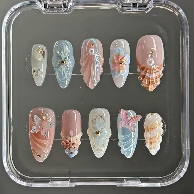 10PCS Handmade Nails Press On Nails Almond Art False Nails Women's Nails Kit 3d Press on nails,Small Size