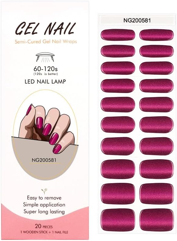 Semi Cured Gel Nail Strips 20 Pcs Purple-Red Cat Eye Gel Nail Wraps, Stickers, UV Light Required Nail Art Design Decoration Accessories