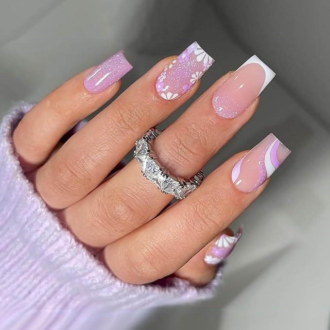 Square Press on Nails Medium Hot Pink Fake Nails Glitter Flower with line Design Pink French Tip False Nails Stick on Nails Full Cover Artificial Glue on Nails for Women DIY Nails Art Decoration 24Pcs