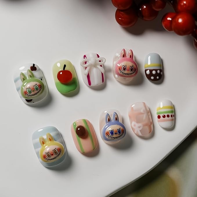 3D Cherry Press on Nails Short Square - Cute Cartoon Design with Mini Bow Charms, Colorful Kawaii False Nails for Women and Girls (Cartoon-A,S)