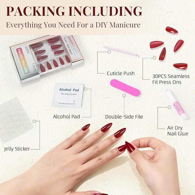 Wine Red Press On Nails Almond - Medium Dard Red Acrylic Nails Press Ons, Glue On Nails for Party Birthday Holiday Valentines Gift in 15 Sizes - 30 Fake Nails Kit, Dark Red