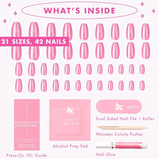 Olive & June Maximalist Instant Mani Press-On Nails (Glue) | 42 Fake Nails, 21 Sizes | Non-Toxic, Long-Lasting Big, Bold Gorgeous Realistic Look | Salon-Quality at Home | Medium, Coffin | Rose Velvet