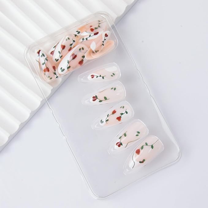 Almond Press on Nails French Tip Fake Nails with Heart Leaf False Nails Glossy Valentine's Day Glue on Nails Medium Spring Acrylic Artificial Stick on Nail for Women Girls 24Pcs