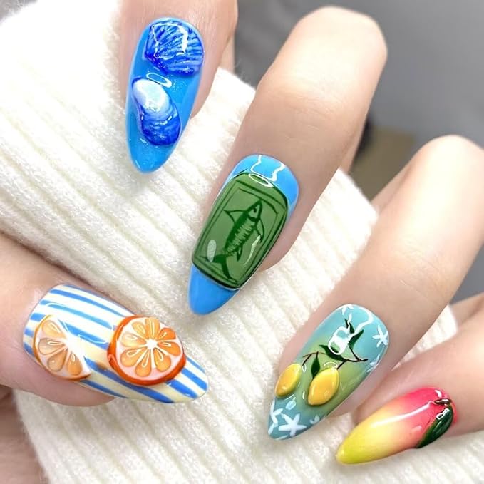 Small MAGLFELL Women Press On Nails - Medium Almond False Nails 10Pcs Luxury Handmade 3D Painting Art ABS Acrylic Artificial Fingernails-S szie