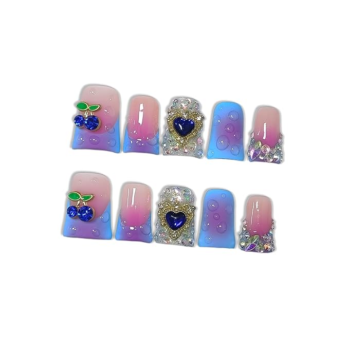 10pcs Blue French Tip Press on Nails with Tools Kit, Short Duckbill Glossy Nails, Rhinestones & Heart with 3D Water Droplet Carvings, Sweet Edge Style for Parties & Special Events (Size S)