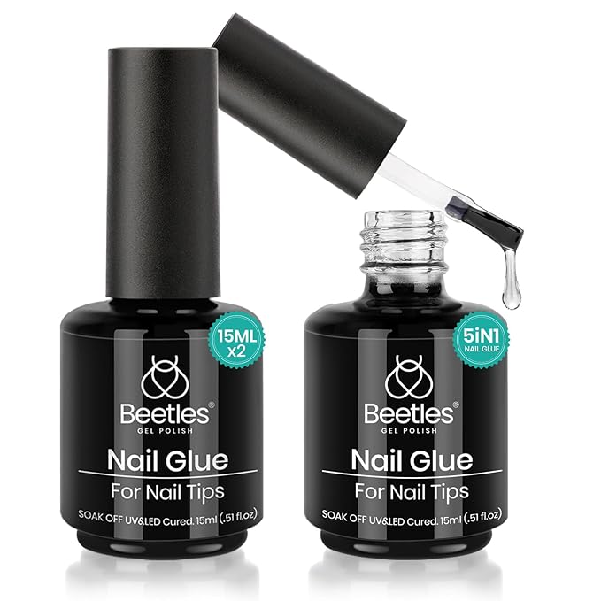 beetles Gel Polish 2Pcs 15ml Nail Glue Kit for Acrylic Nails, 5 in 1 Super Strong Brush in Nail Gel Glue for False Nails Tips and Gel Nail Polish Led Lamp Required